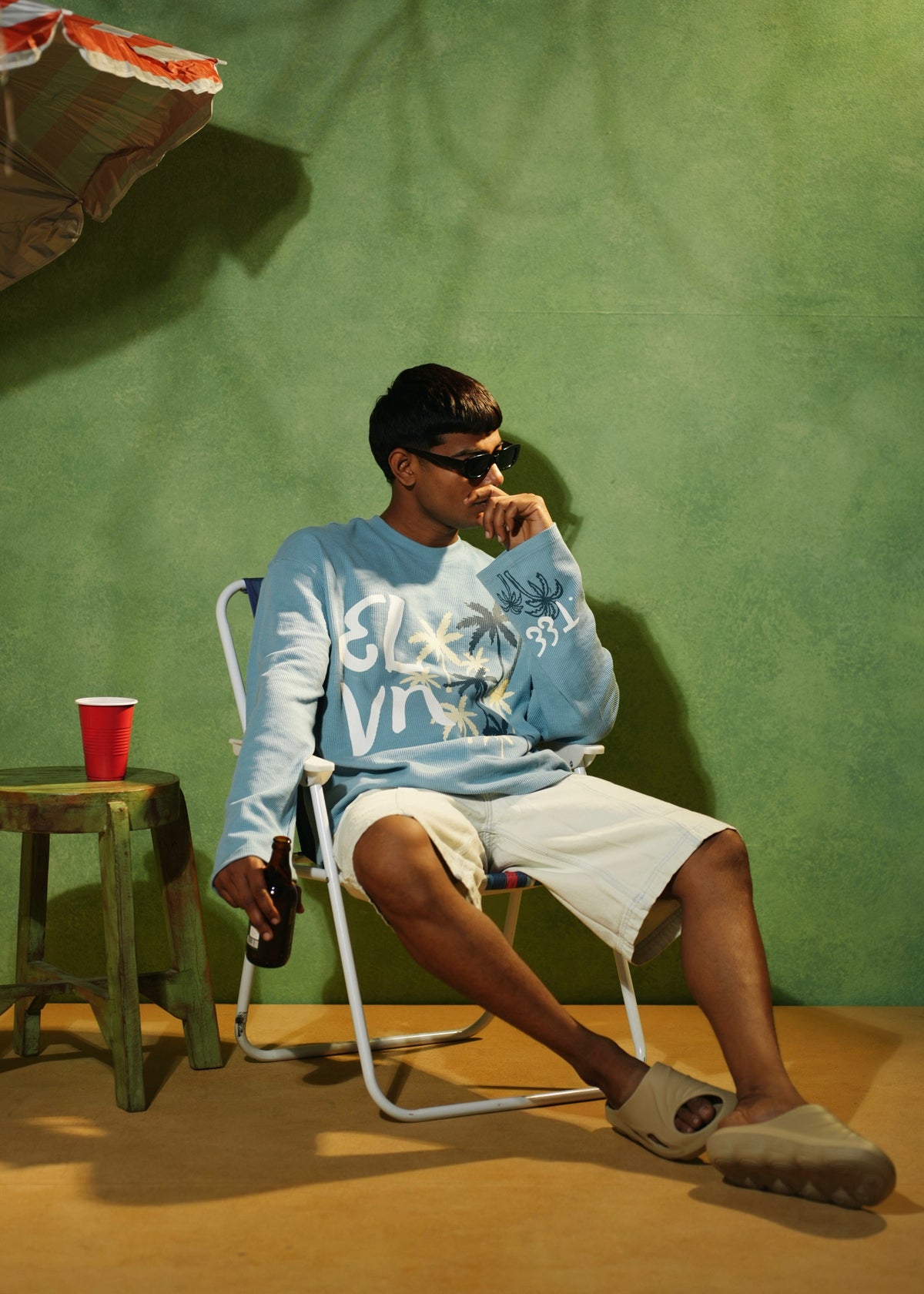 ‘PALM STATE’ FULL SLEEVE WAFFLE TEE | SKY BLUE