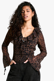 Chiffon Leopard Ruffle Tie Front Blouse