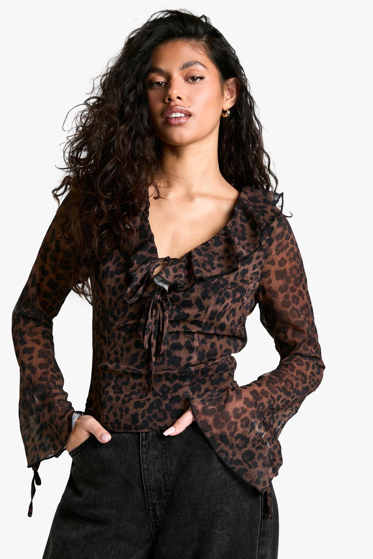 Chiffon Leopard Ruffle Tie Front Blouse