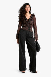 Chiffon Leopard Ruffle Tie Front Blouse