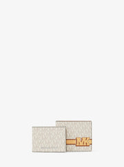 Michael Kors Cooper Striped Signature Logo Billfold Wallet With Passcase Vanilla Combo
