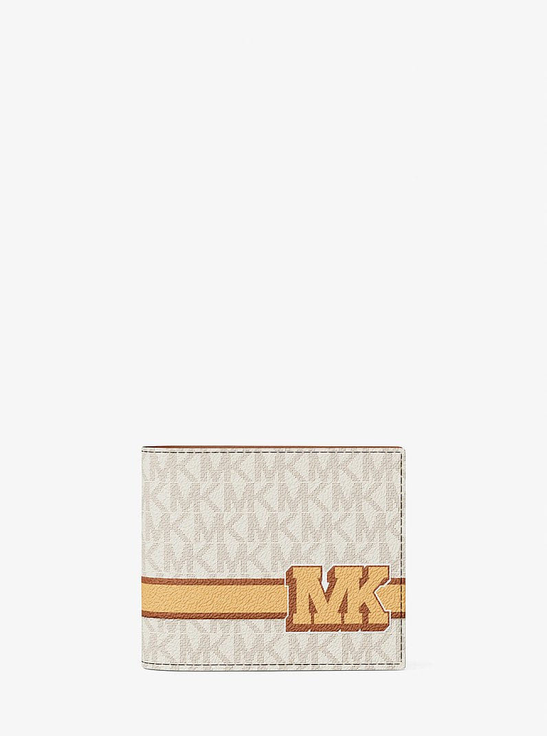Michael Kors Cooper Striped Signature Logo Billfold Wallet With Passcase Vanilla Combo