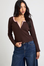 Ribbed Contrast Henley Button Long Sleeve Top