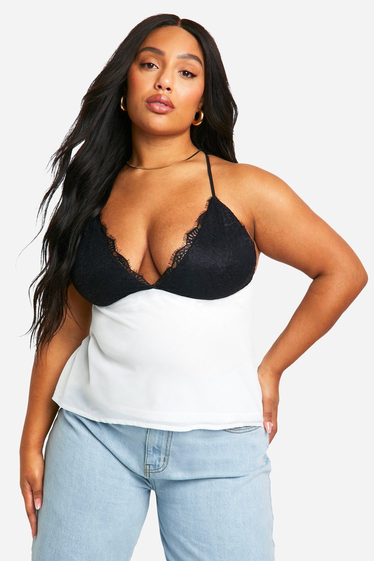 Plus Contrast Lace Cup Chiffon Cami Top