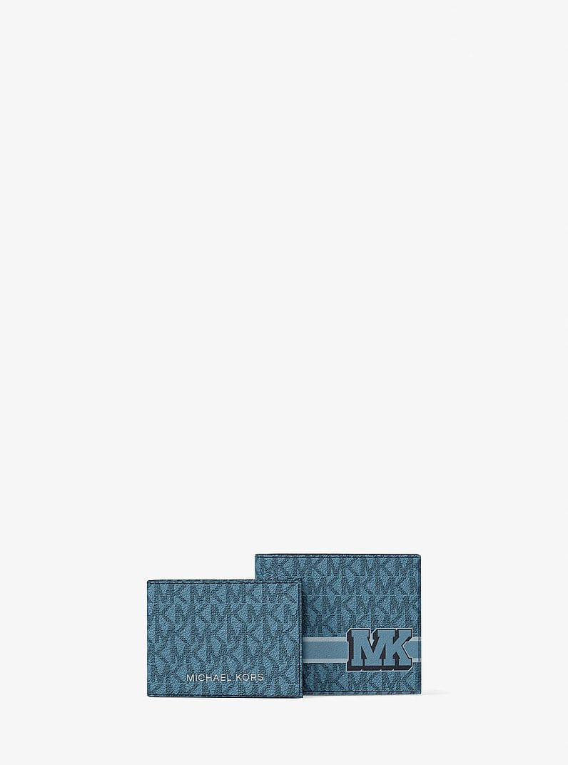 Michael Kors Cooper Striped Signature Logo Billfold Wallet With Passcase Denim