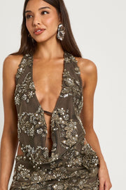 Floral Beaded Cowl Neck Top