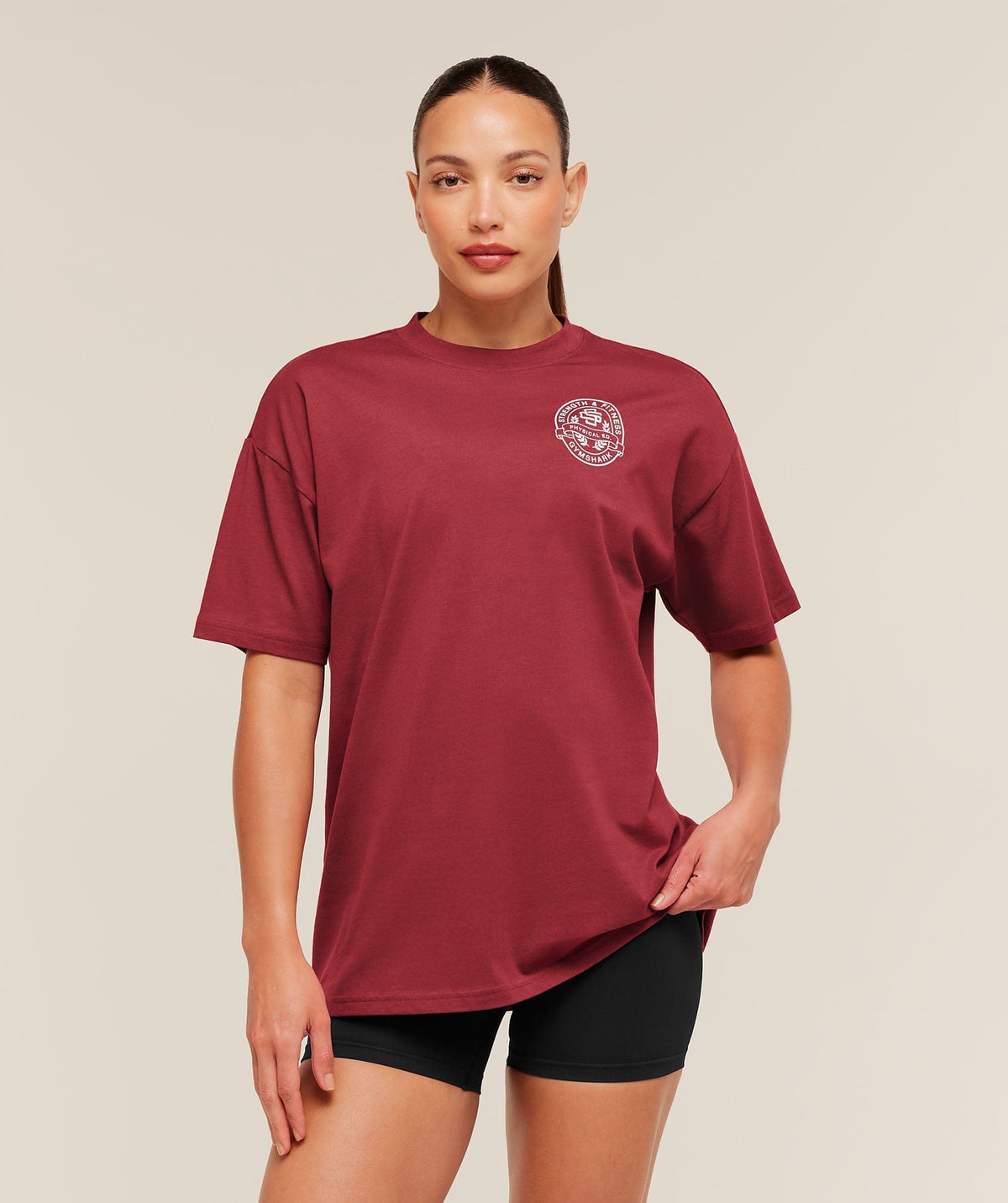 Women's Gymshark Strength And Fitness Crest Graphic T-Shirt Athletic Burgundy