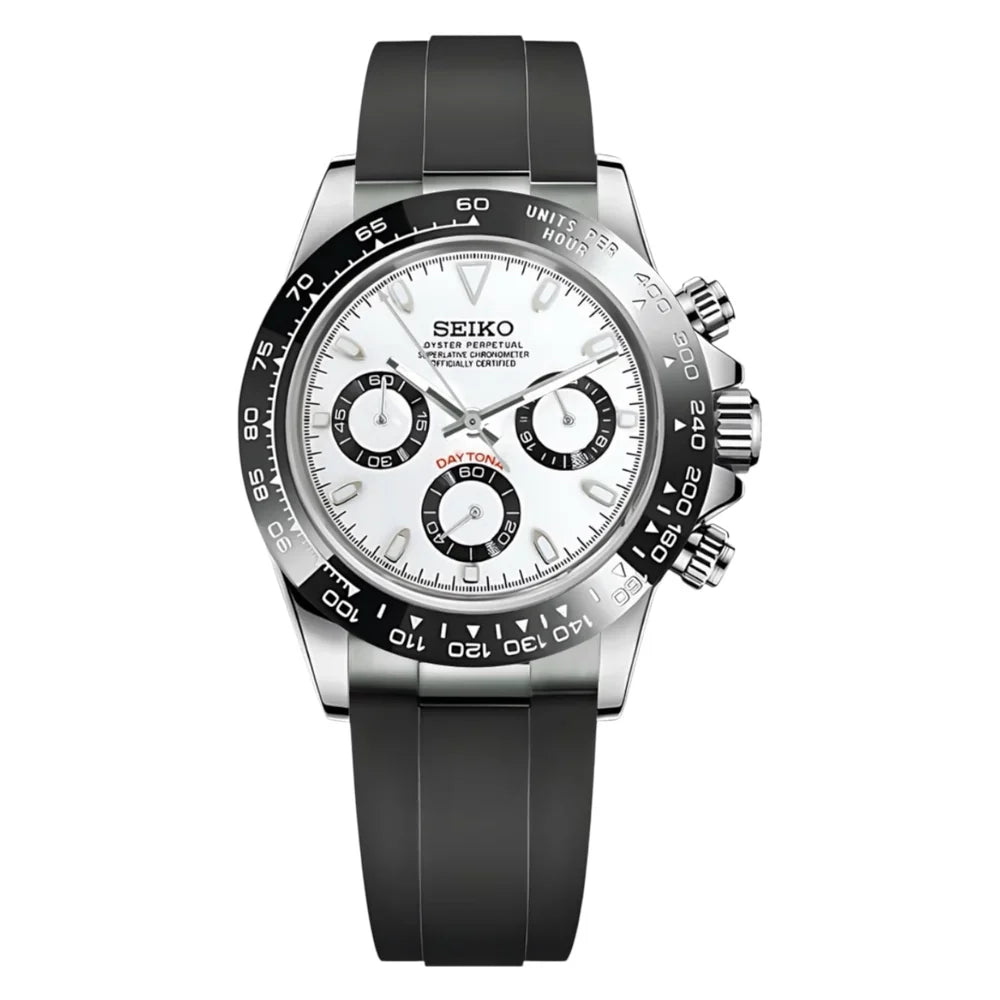 Seiko MOD Daytona Lunette céramique cadran Blanc "PANDA" Oyster Flex