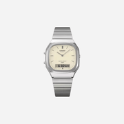 Casio Vintage AQ-240E-7A2 Gentle Off-White Dial Analog Digital Stainless Steel Watch with Dual Time D431