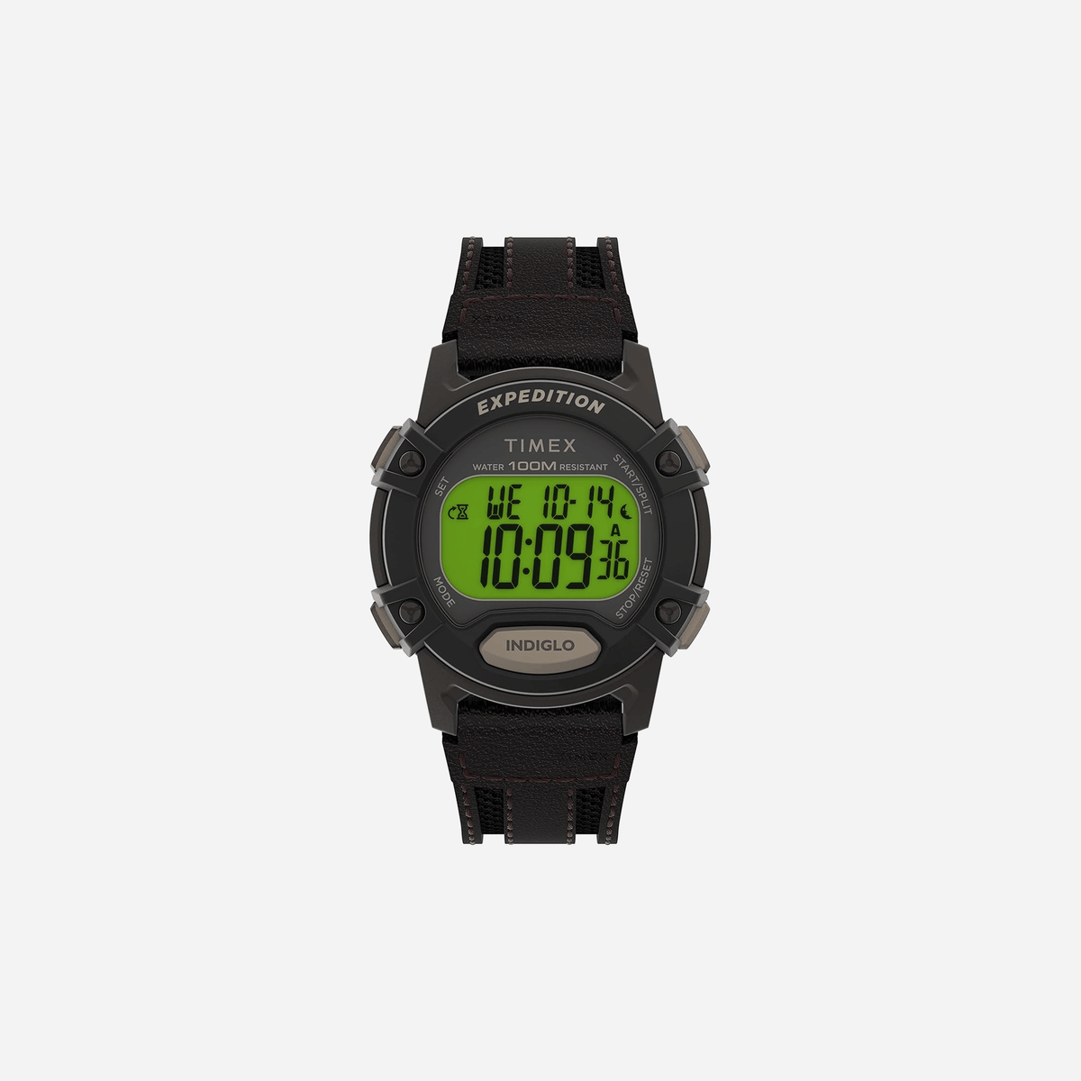 Timex Expedition Digital CAT5 Green Dial Black Brown Leather Strap Watch