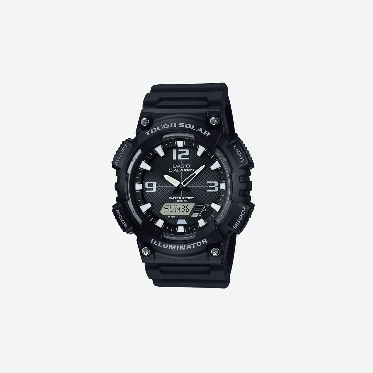 Casio AQS800W 100M WR Solar Powered 1-100 SEC Stop Watch 6-Language Day of The Week Indicator Countdown Timer LED Light Multi Alarm Analog Digital Watch