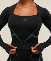 Gymshark Apex Lift Seamless Long Sleeve Crop Top - Black/Brand Blue