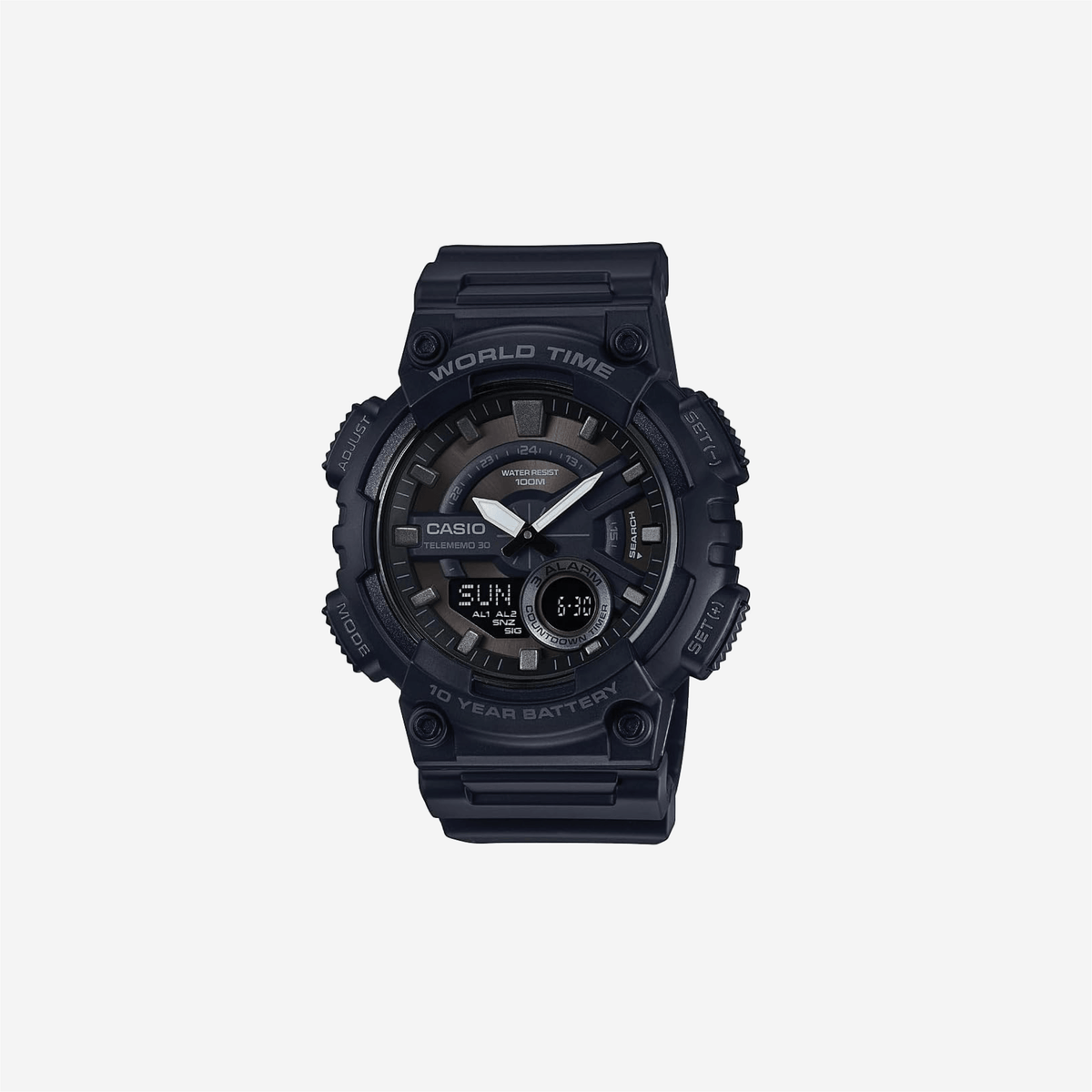 Casio AEQ110BW 100M WR Multi Alarms 100 SEC Stopwatch Countdown Timer World Map for World Time LED Light LC Display 10 Year Battery Analog-Digital Watch