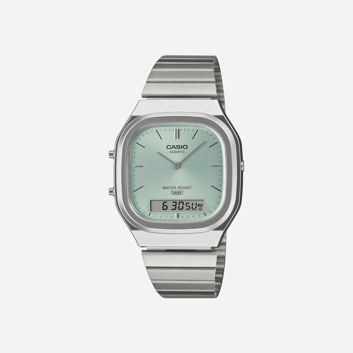 Casio Vintage AQ-240E-2A Light Blue Dial Analog Digital Stainless Steel Watch with Dual Time D429