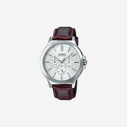 Casio Enticer MTP-V300L-7AUDF Quartz White Dial Multi-Function Brown Leather Strap Watch
