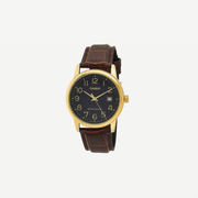 Casio V002GL-1BUDF Brown Leather Strap Black Dial Analog Quartz Watch
