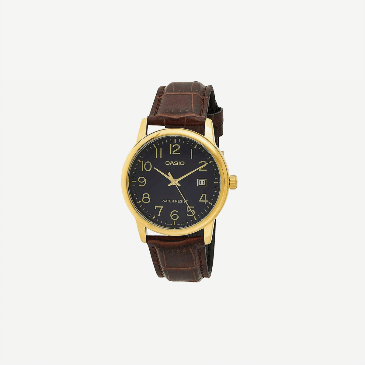 Casio V002GL-1BUDF Brown Leather Strap Black Dial Analog Quartz Watch