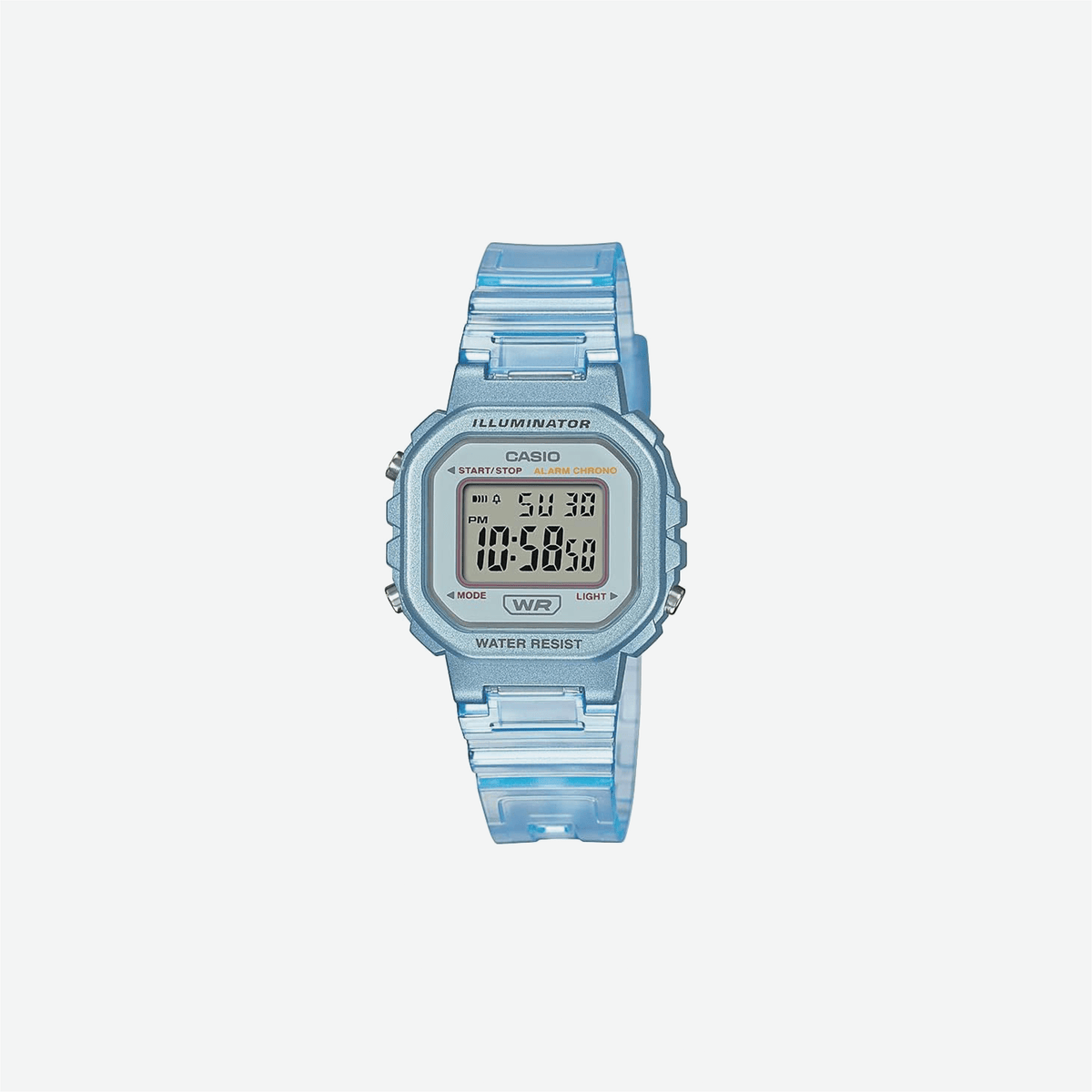 Casio Illuminator Alarm Chronograph Clear Blue Digital Watch LA-20WHS-2A