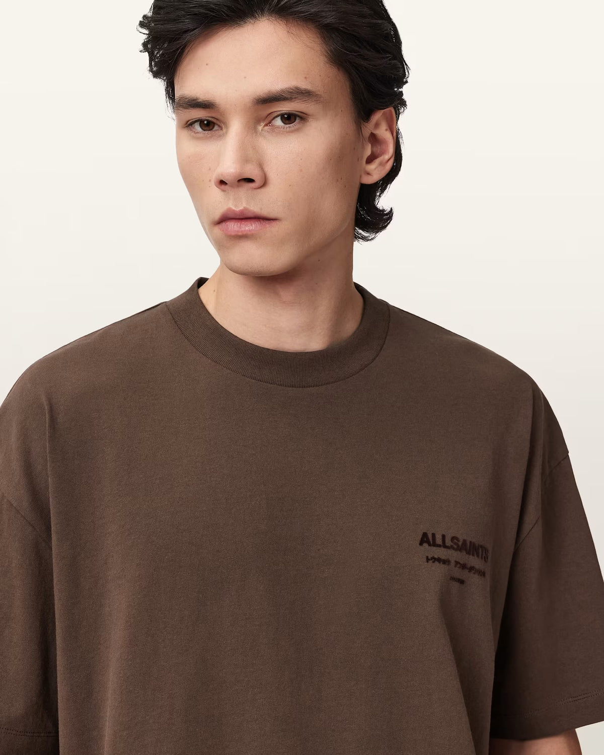ALL SAINTS Xander Flocked Logo Oversized Bitter Brown T-Shirt