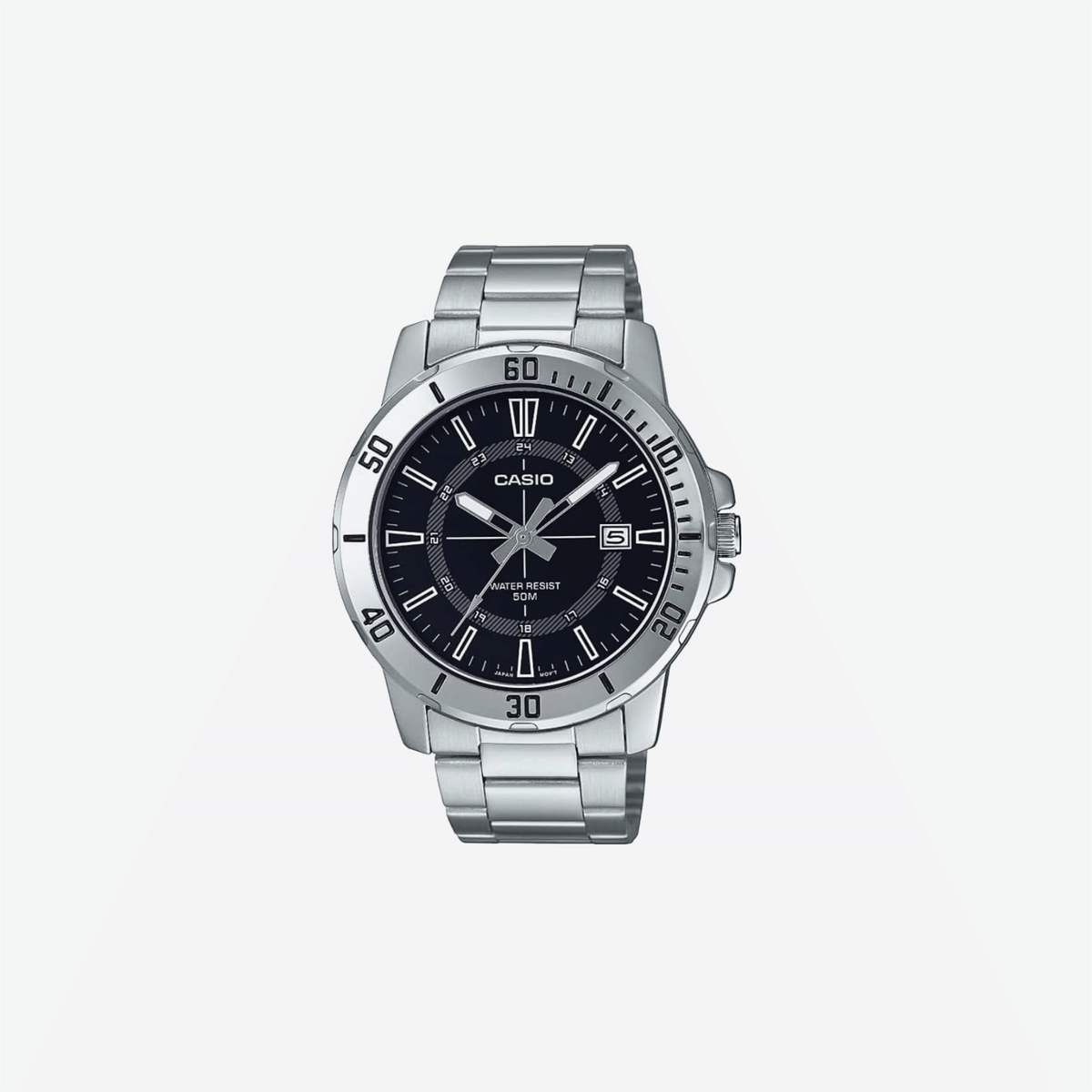 Casio MTP-VD01D-1CV Enticer Stainless Steel 24 Hour Black Index Dial Casual Analog Sporty Watch