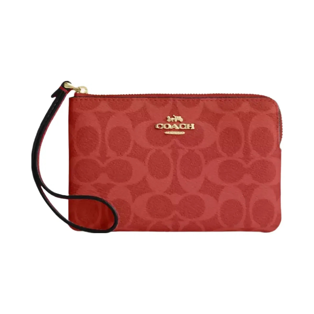 Coach Corner Zip Wristlet In Signature Canvas in Gold Crimson