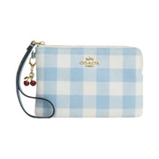 Coach Corner Zip Wristlet With Gingham Print And Charm in Gold Blue Multi