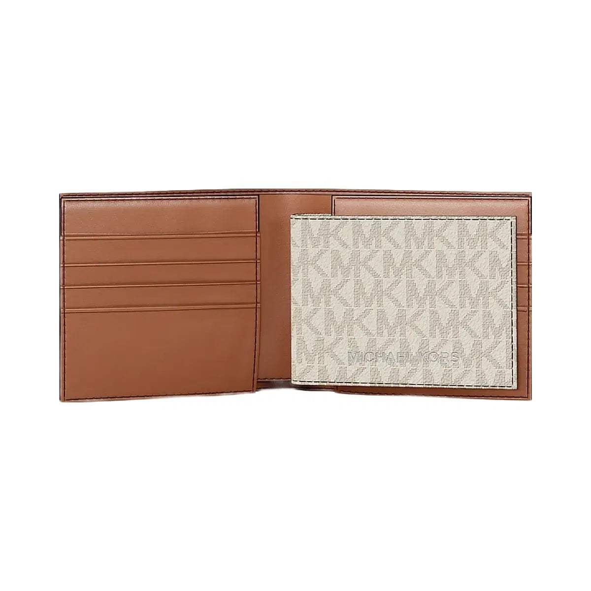 Michael Kors Cooper Striped Signature Logo Billfold Wallet With Passcase Vanilla Combo