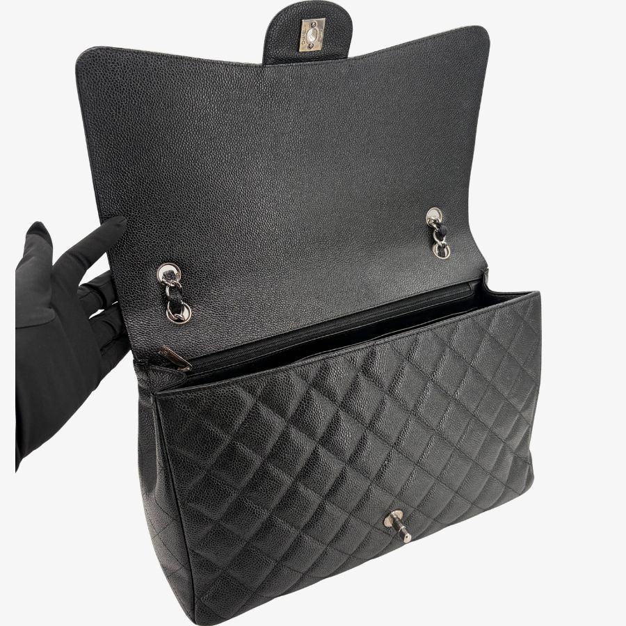 CS077 - CHANEL Black Caviar Leather Jumbo Maxi Classic Flap Bag