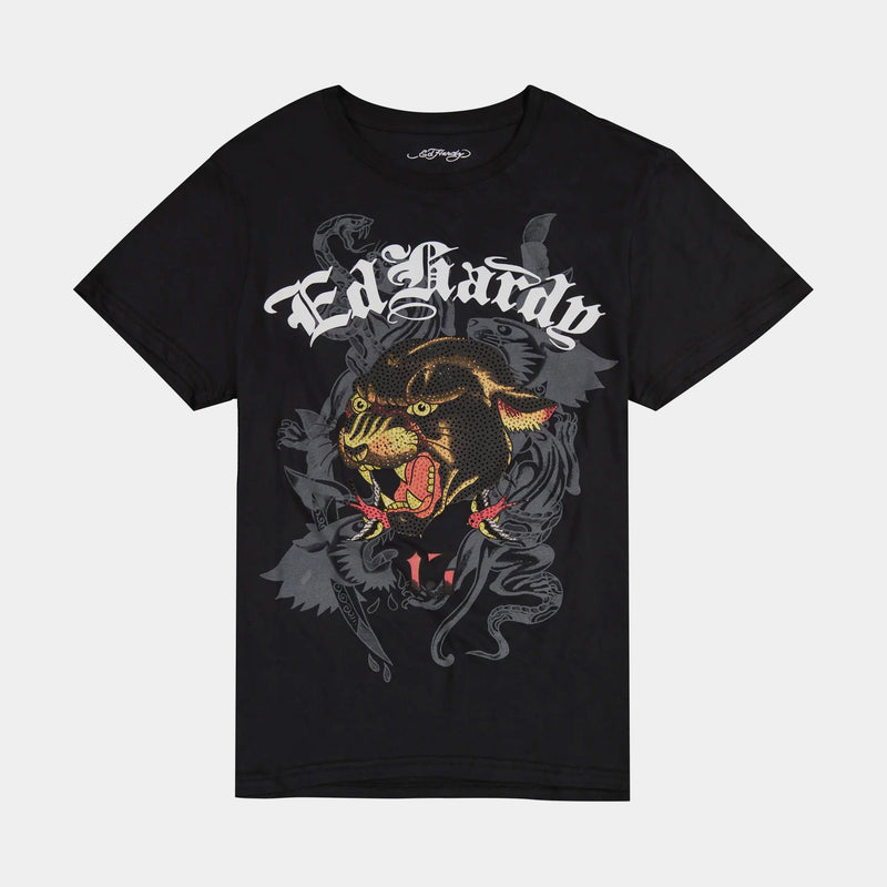 ED HARDY Panther Head Mens Short Sleeve Shirt (Black/White)