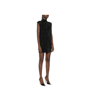 Plain-knit Virgin Wool-blend Sleeveless Dress with All-over Rhinestones