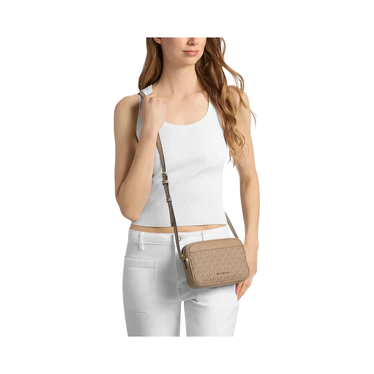 Michael Kors Jet Set Small Signature Logo Camera Crossbody Bag Camel