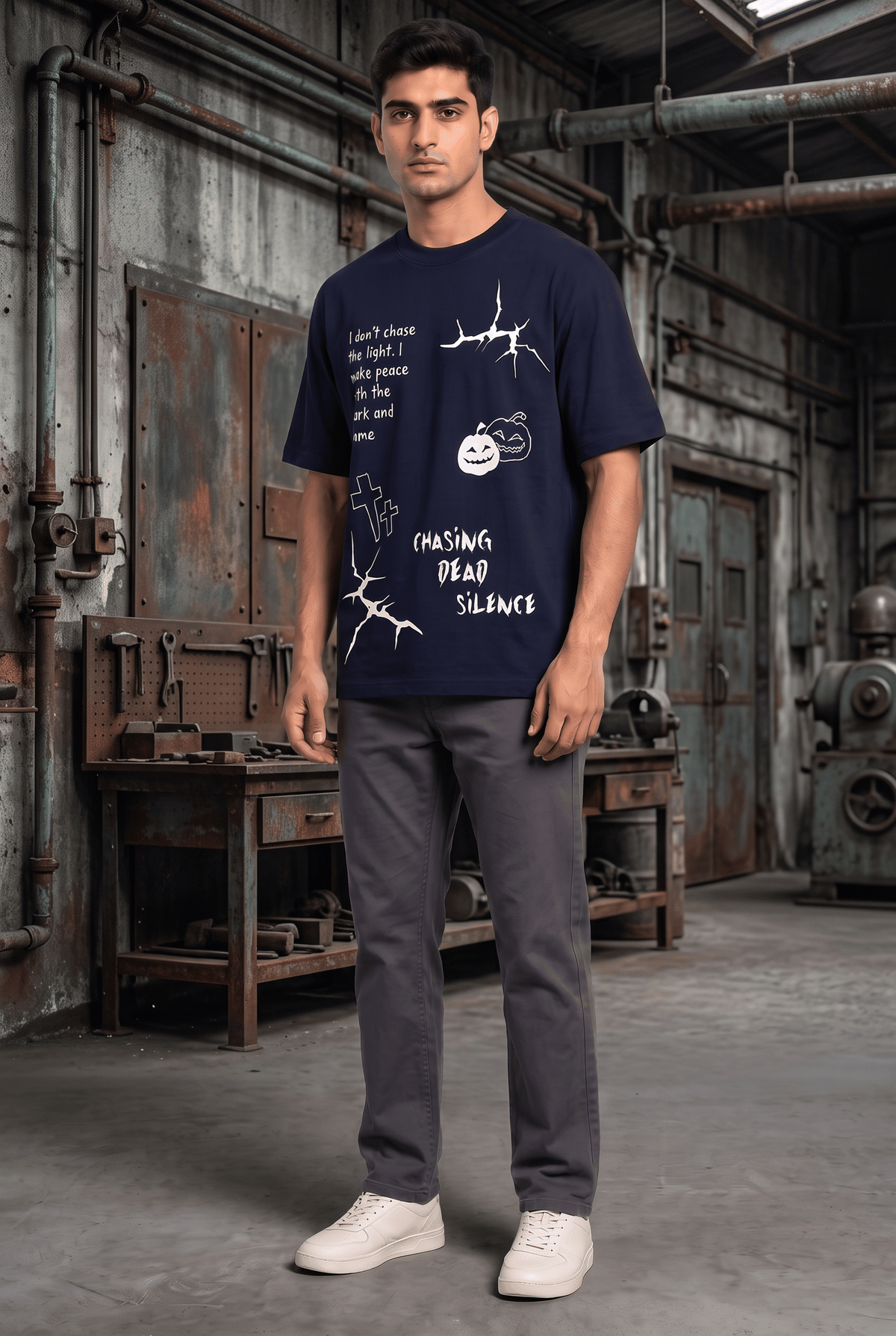 MIDNIGHT SPOOKY NAVY MEN’S OVERSIZED T-SHIRT