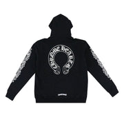 Chrome Hearts Horseshoe Floral Cross-Sleeve Zip Up Hoodie Black/White