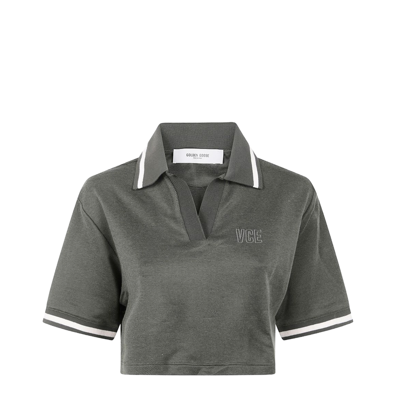 Green Shorts Sleeves Polo Collar Cropped Top