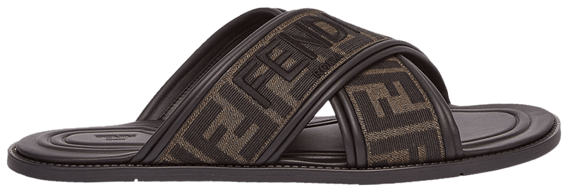 Fendi FF Motif Fabric Slide Embroidered Logo - Tobacco