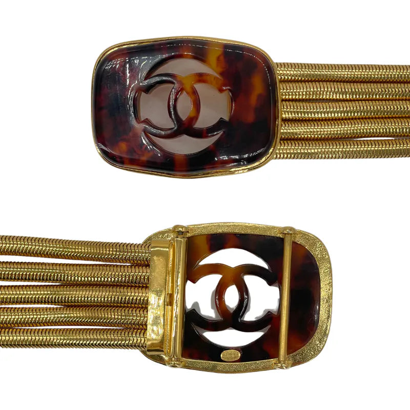 C545 - CHANEL Gold Gold-Mesh Multi Strand Chain Tortoise CC Logo Spring Belt
