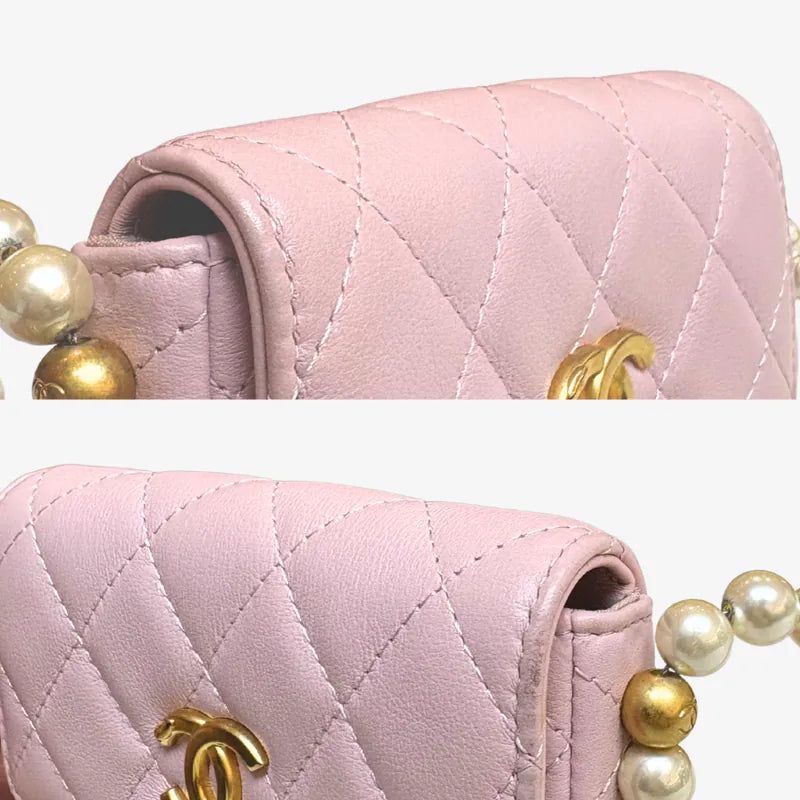 C586 - CHANEL Pink Calfskin Imitation Pearl Flap Card Holder With Chain