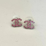 RE132 - CHANEL Matte Silver Pink Crystal CC Logo Earrings