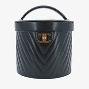 JR289 - CHANEL Vintage Black Caviar Leather Chevron Cosmetic Bag