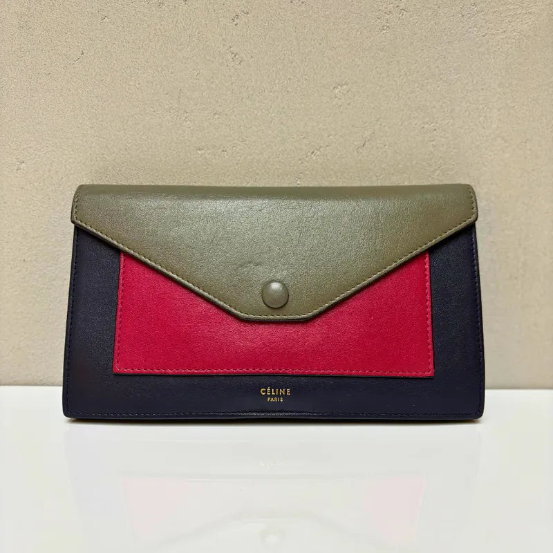 JA883 - CELINE Vintage Black / Burgundy / Gray Caviar Leather Long Flap Wallet
