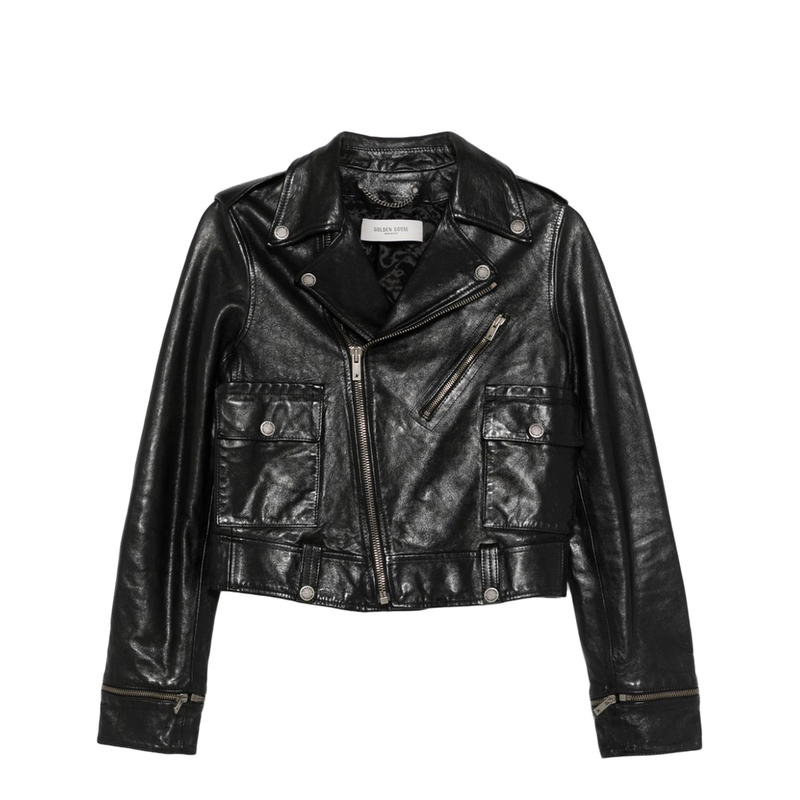 Shiny Black Sheepskin Biker Jacket with Sturdy Zip