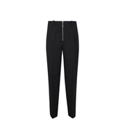 Adjustable drawstring waist. Tapered cut. Front zip closure. Side pockets