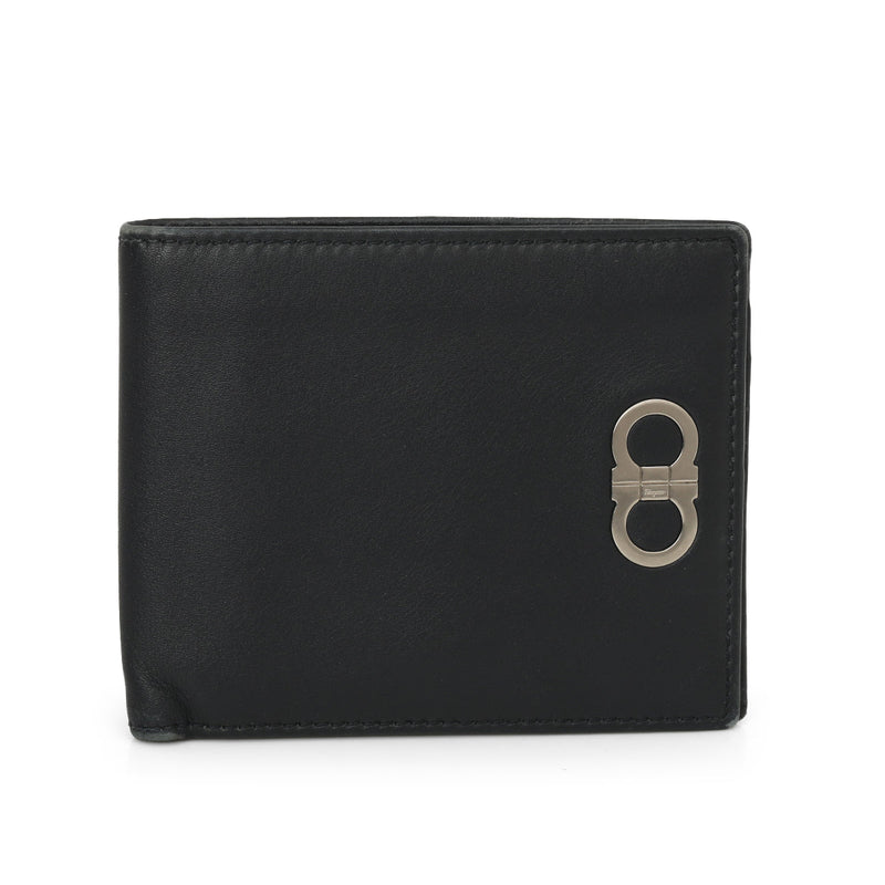 Salvatore Ferragamo Solid Black Gancini Bi - Fold Wallet Small
