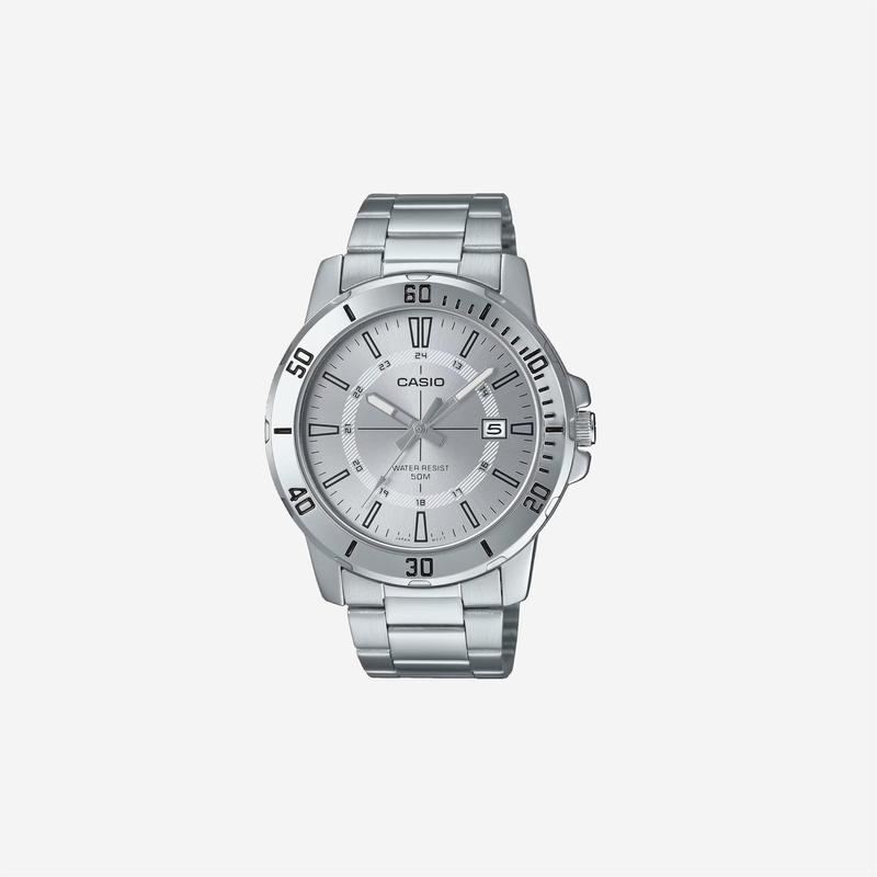 Casio MTP-VD01D-7CV Enticer Stainless Steel 24 Hour Silver Index Dial Casual Analog Sporty Watch