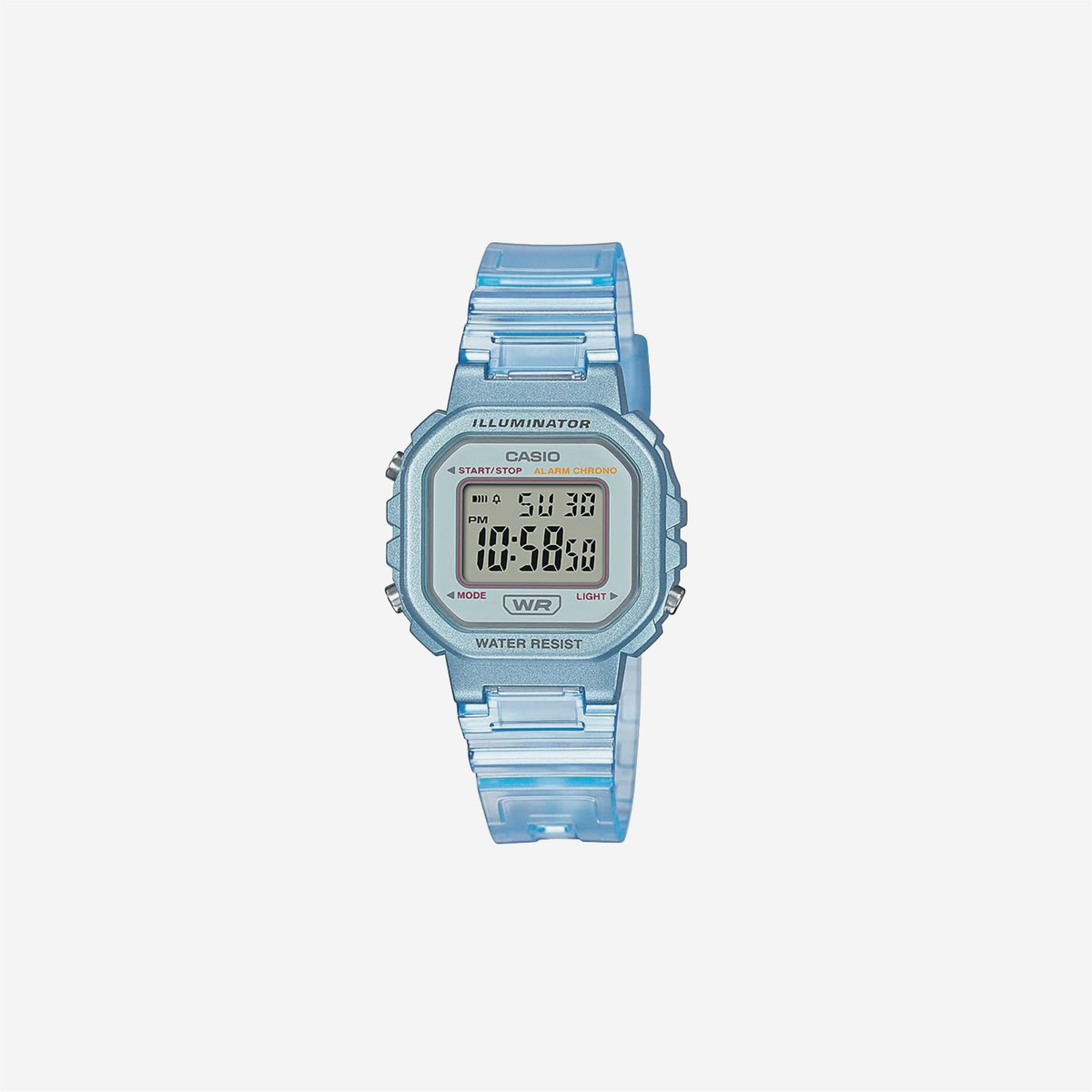 Casio Illuminator Alarm Chronograph Clear Blue Digital Watch LA-20WHS-2A