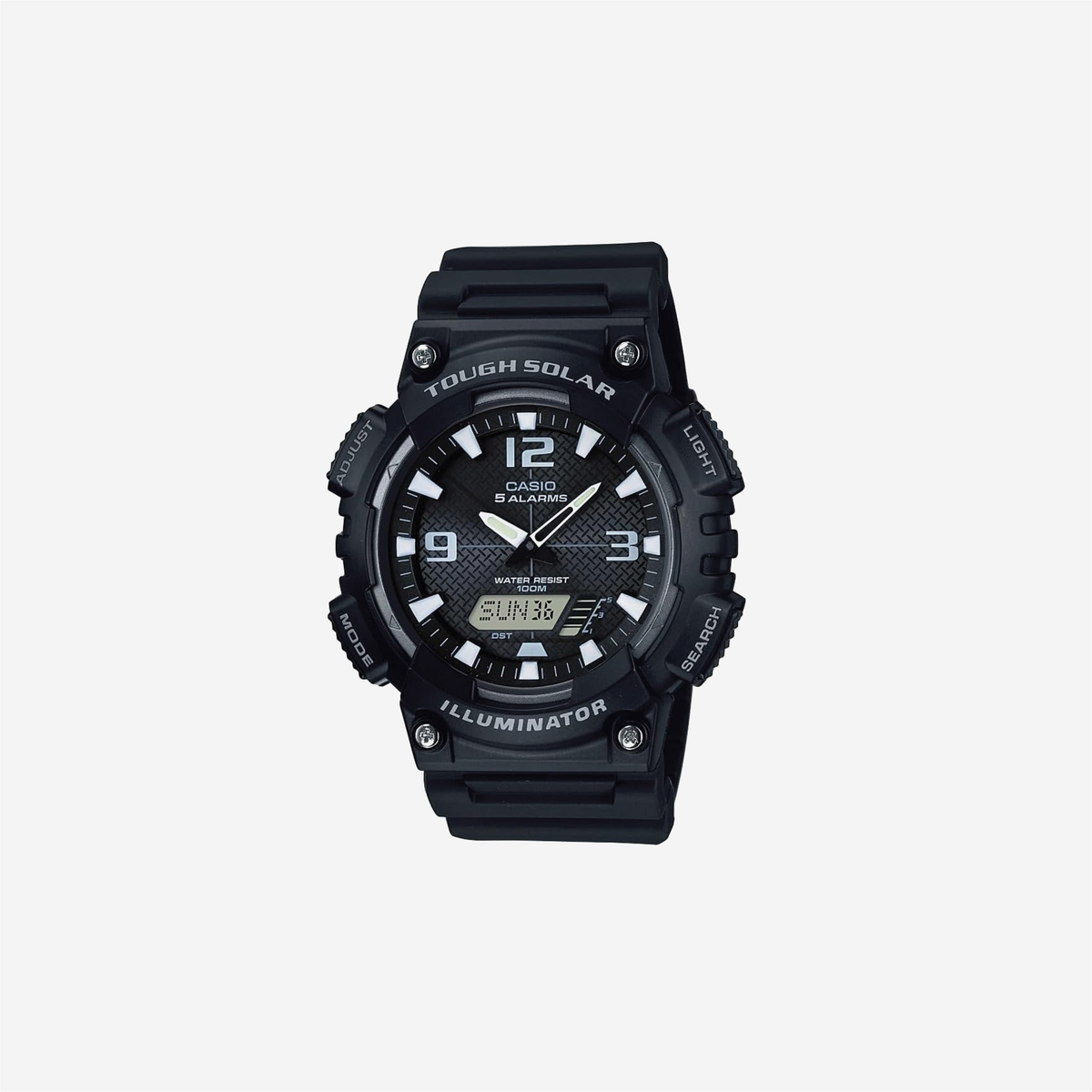 Casio AQS800W 100M WR Solar Powered 1-100 SEC Stop Watch 6-Language Day of The Week Indicator Countdown Timer LED Light Multi Alarm Analog Digital Watch