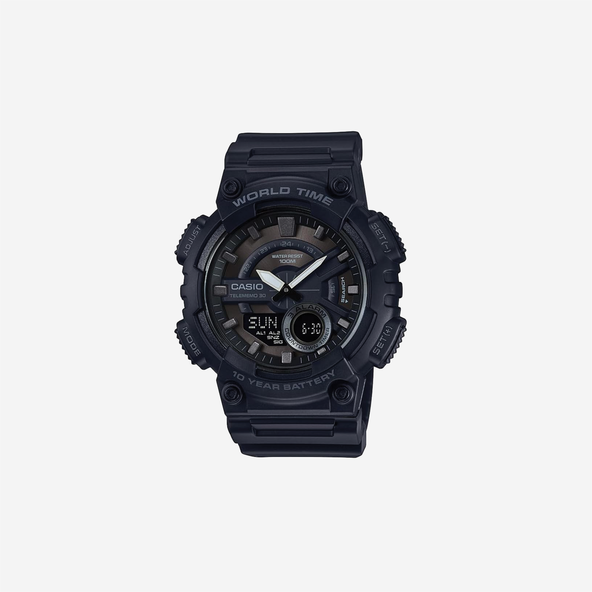 Casio AEQ110BW 100M WR Multi Alarms 100 SEC Stopwatch Countdown Timer World Map for World Time LED Light LC Display 10 Year Battery Analog-Digital Watch