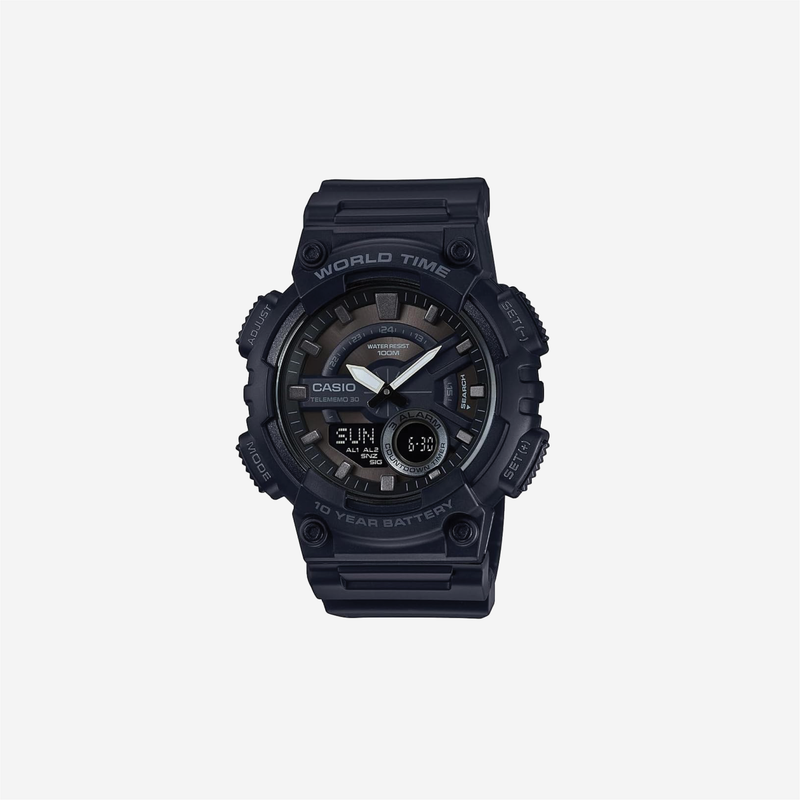 Casio AEQ110BW 100M WR Multi Alarms 100 SEC Stopwatch Countdown Timer World Map for World Time LED Light LC Display 10 Year Battery Analog-Digital Watch