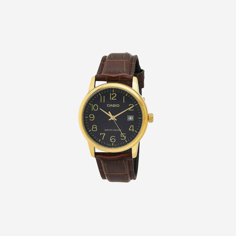 Casio V002GL-1BUDF Brown Leather Strap Black Dial Analog Quartz Watch