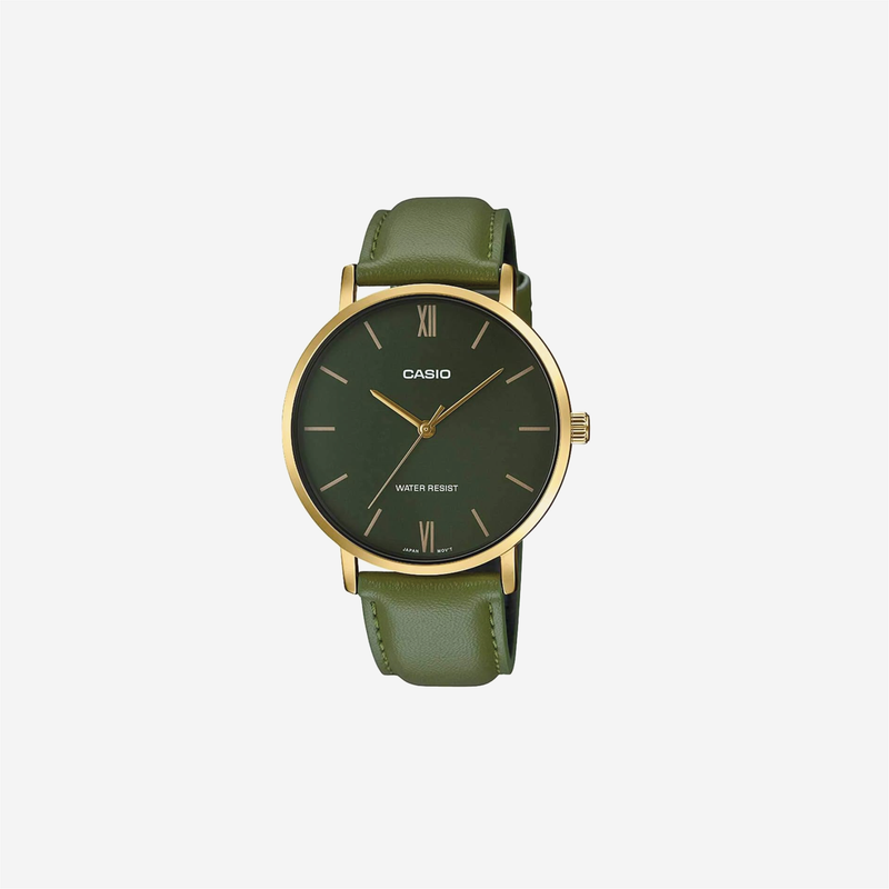 Casio MTP-VT01GL-3B Minimalistic Gold Tone Green Leather Band Green Dial Analog Watch